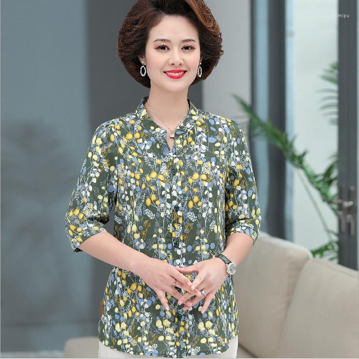 

Women's Blouses Mother Summer Chiffon Shirt Top Middle-Aged Women'S Printed Half Sleeve Cardigan Blouse, Green