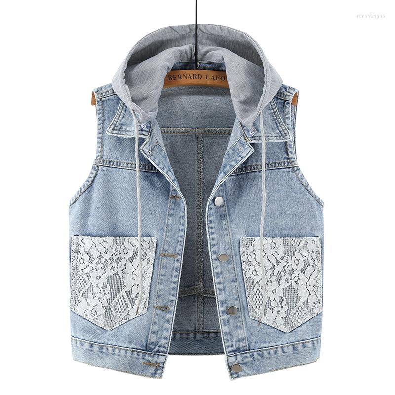 

Women' Vests 1051 Women Denim Hooded Waistcoat Korean Style Casual Lace Pocket Drawstring Color Patchwork Light Blue Sleeveless Vest Coat, 1051 light blue
