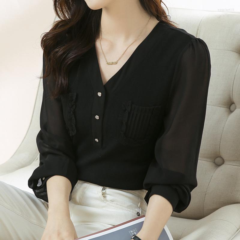 

Women' Blouses 2023 Casual Women' Elegant Fashion Woman Chiffon Top Pockets Long Sleeve Women Shirts V Neck Clothing 24490, Apricot