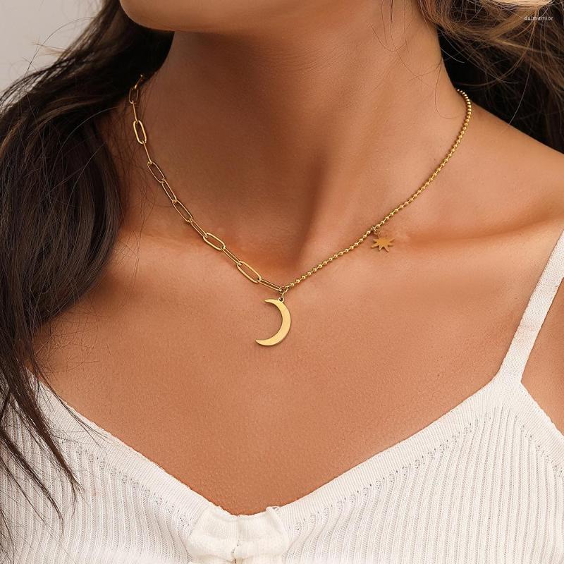

Chains Trendy Gold Plated Mixed Chain Moon Star Necklace Stainless Steel Shape Pendant Women