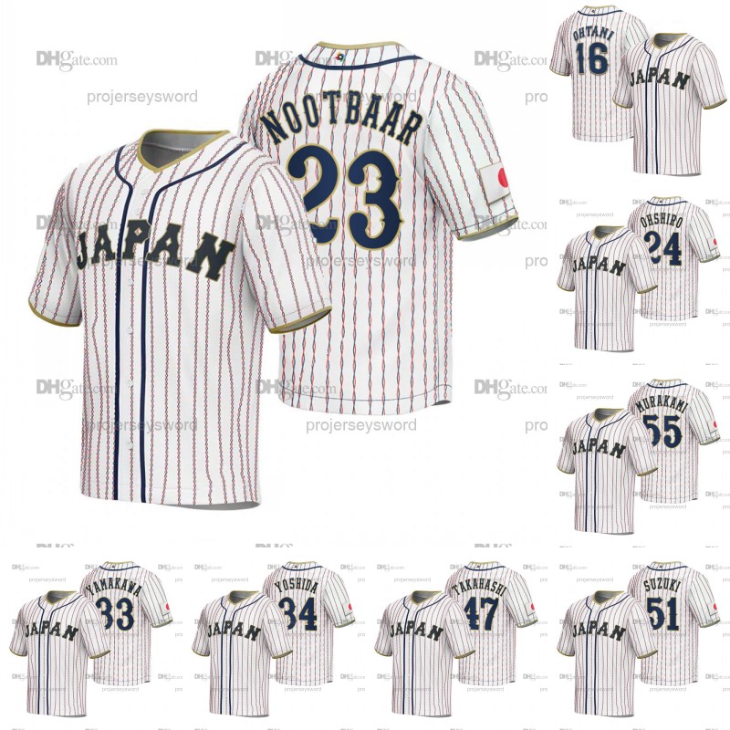 

Team Japan WBC 2023 World Baseball Classic Jersey 23 Lars Nootbaar 51 Seiya Suzuki 55 Munetaka Murakami 16 Shohei Ohtani 27 Yuhei Nakamura 24 Takumi Ohshiro Jerseys