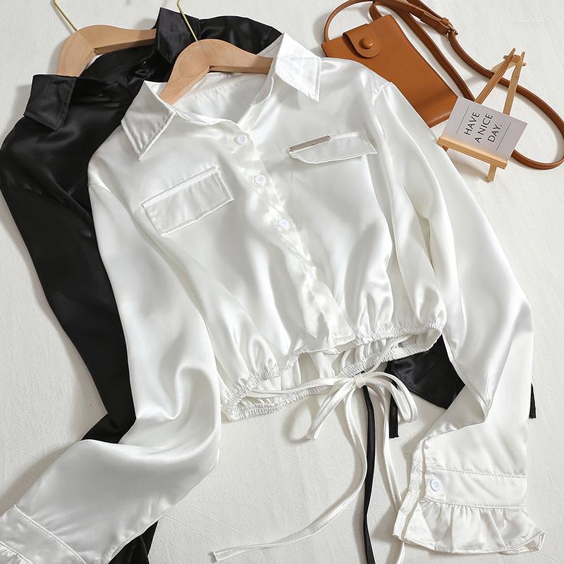 

Women's Blouses Hikigawa Chic Fashion Women Early Autumn Turn Down Collar Stain Long Sleeve Shirts Solid Sexy Tied Slim Waist Short Top, Black