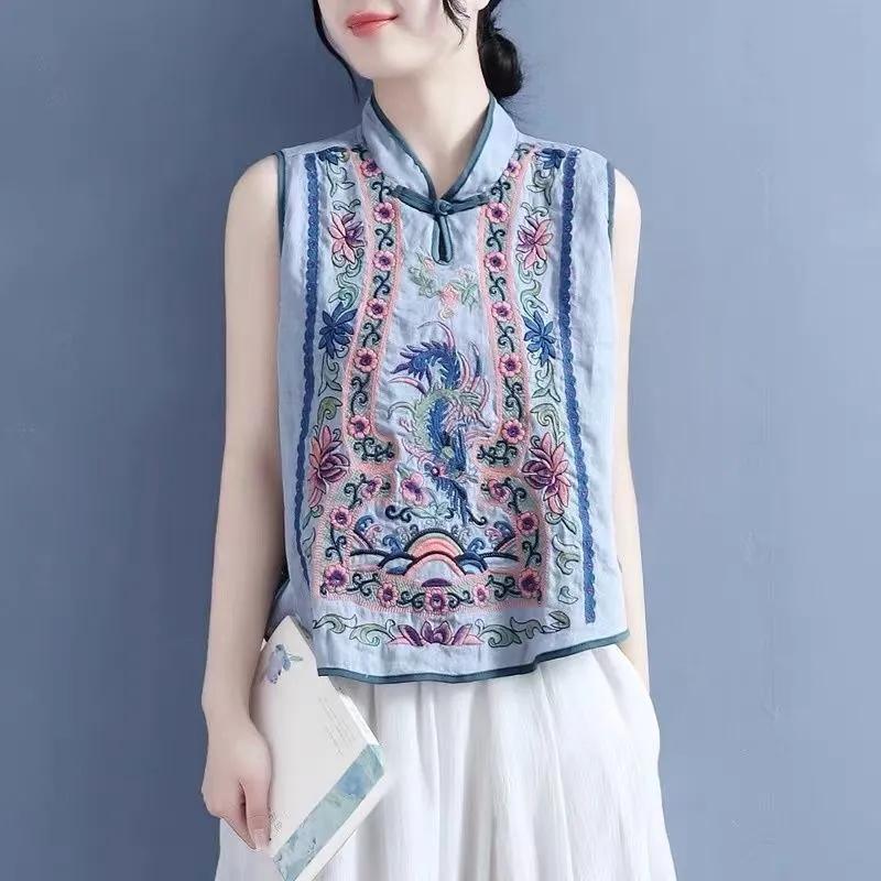 

Women's Blouses & Shirts Japanese Harajuku Blue Red Shirt Women Stand Neck Sleeveless Buttons Blouse Casual Clothing Summer Embroidery Breat, Sky blue