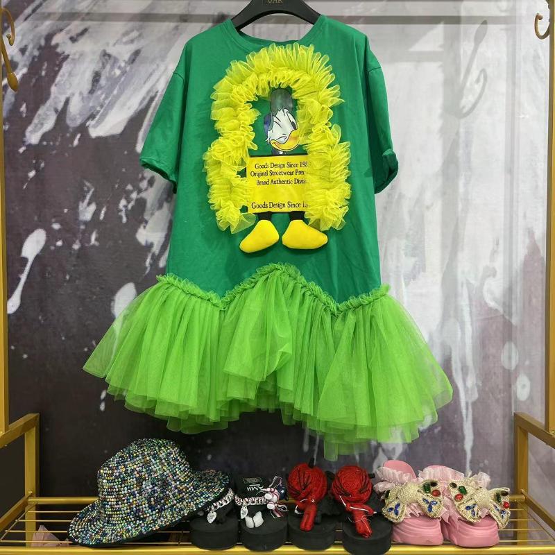 

Women's T Shirts Original Design Gauze Splice Green Women Tee Dress Personality Loose Mid-long Pullover Top Casual Summer Short Sleeve Shirt