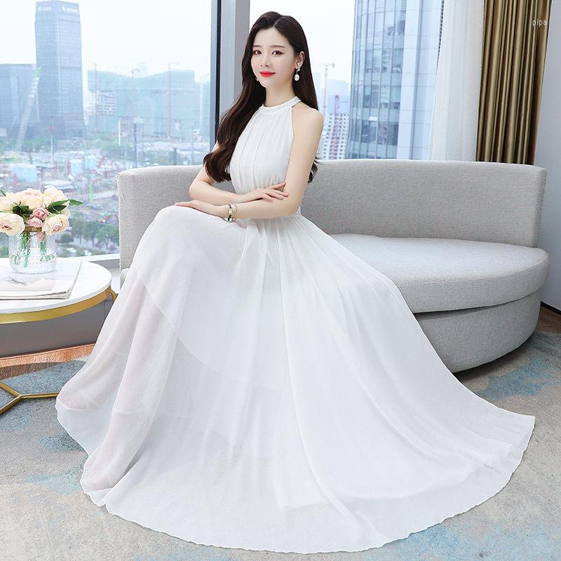 

Casual Dresses Solid Color High-End Temperament Sleeveless Dress 2023 French Elegant Summer Halter Neck Vacation Beach Long H851, White