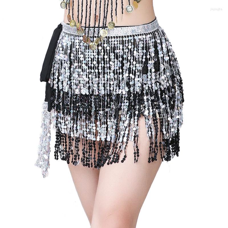 

Stage Wear Multicolor Sparkly Short Skirt For Girls 4 Rows Rectangle Design Women Belly Dance Sequin Fringe Hip Scarf, Gold blue fuchsia