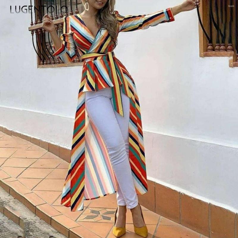 

Casual Dresses Elegant Dress Women Long Sleeve Summer Lace-up Rainbow Stripe Print V-neck Fashion Lady Irregular Lugentolo, Photo