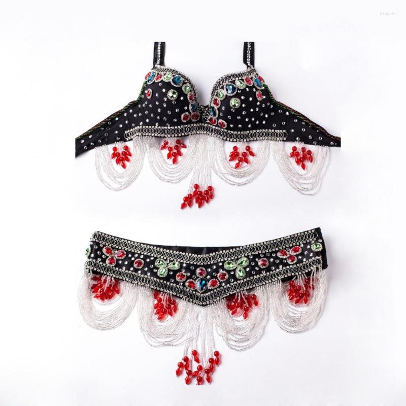 

Stage Wear 2023 Women Egyptian Belly Dance Clothes Eastern Style Beaded Top And Belt 2pcs Set Costumes For Bra, Red 2pcs set