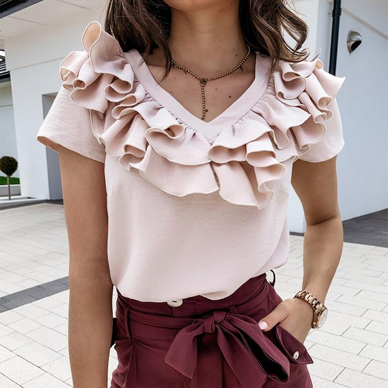 

Women' Blouses & Shirts Summer Short Sleeve Blouse V Neck Ruffles Casual Women Tuic Black White Pink 2023 Fashion Loose Female Clothes