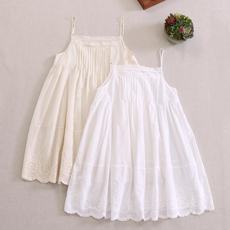 

Casual Dresses Spring Summer Cotton Embroidery Loose Sleevelss Dress, Beige