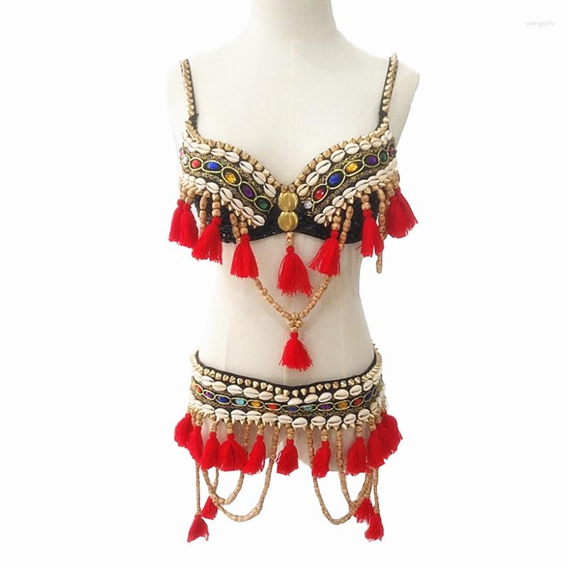 

Stage Wear Performance Women Dance Clothing Triangular Hip Scarf Beading Tribal Belly Costume Bra And Belt Cowry Shells, Picture shown