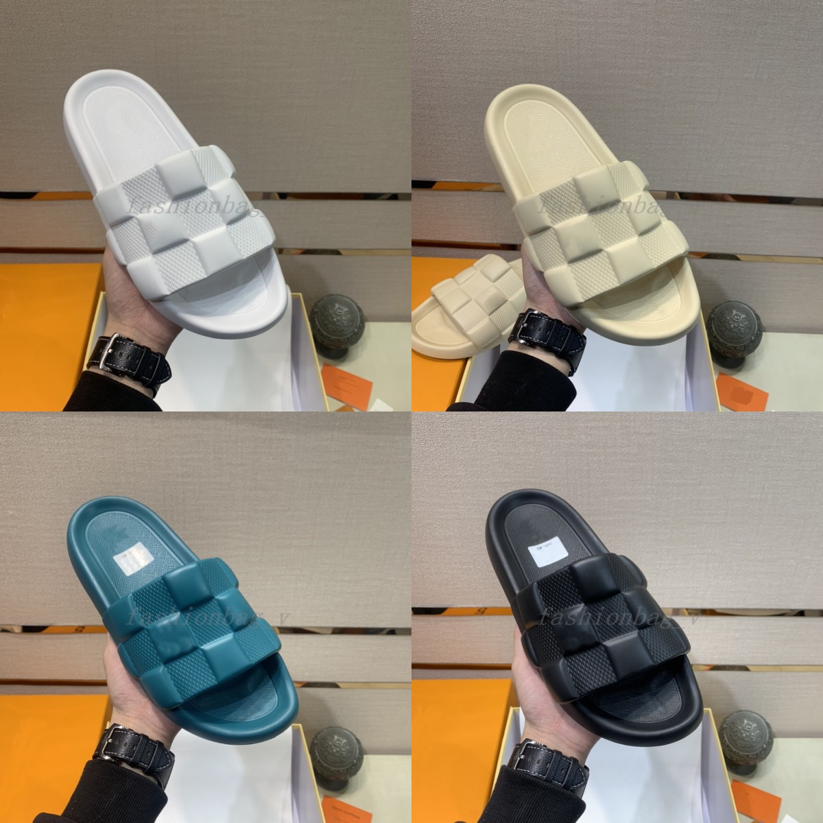 

Designer Slippers Men Women Sandals WATERFLONT Relief Shoes Checkered Decorative Sandals Flats Soft Sole Beach Party Sandal