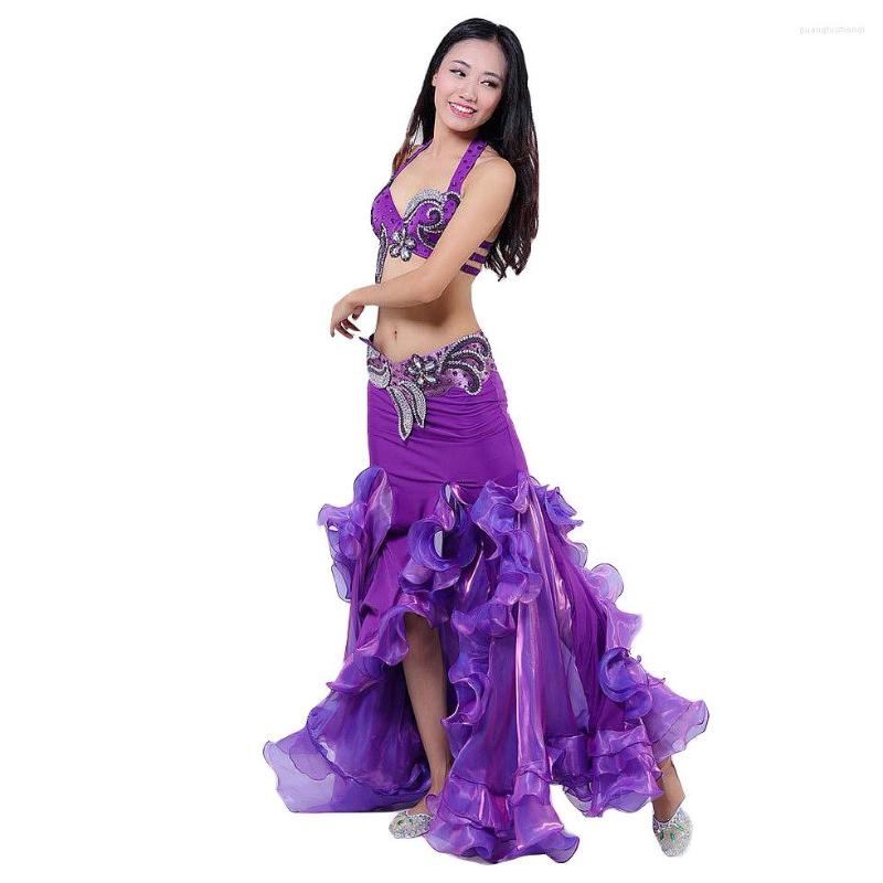 

Stage Wear Performance Luxury Belly Dancing Egyptian Costumes Oriental Style Rhinestone Bra Belt Skirt Dance 3pcs Costume Set, Deep green