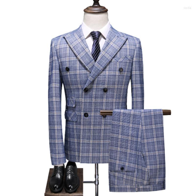 

Men's Suits The Spring And Autumn Fashion Brand Men Suit Handsome Casual Double Breasted Plaid Three-piece Groom's Dress, Sky blue