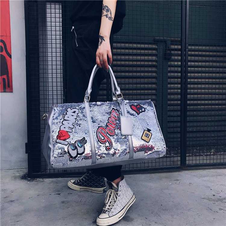 

Duffel Bags Fashion Leisure Sequin Letter Women s One Shoulder Diagonal Bag Hand Large Capacity Outdoor Travel 230316, Upgraded silver
