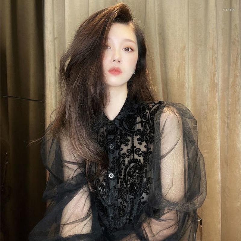 

Women's Blouses Tinomiswa Cut Out Lace Shirts Gauze Patchwork Puff Sleeve Blouse Autumn Chic Blusas Turn Down Collar Single Breasted Ladies, Black