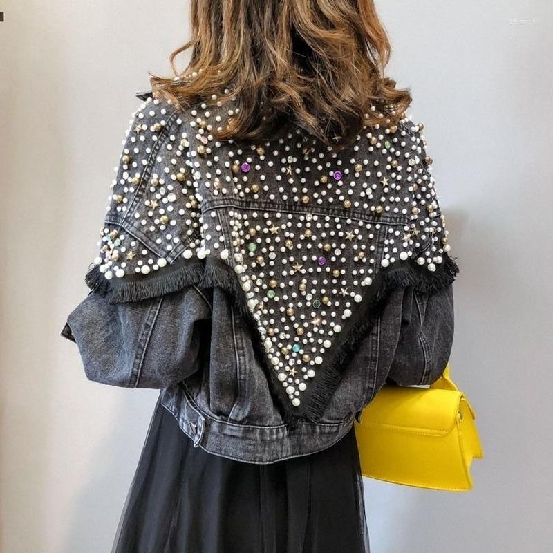 

Women's Jackets Women's Jacket Fashion Beaded Diamond Fringed Denim Korean Loose Single-breasted Long-sleeved Top, Black
