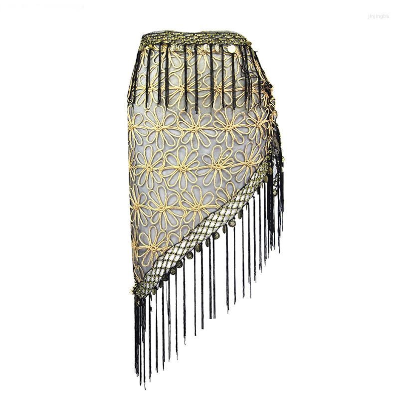 

Stage Wear 2023 Women Belly Dance Clothing Accessories Mesh Paillettes Fringes Wrap Triangle Hip Scarf Coins Belts, Multicolor orange