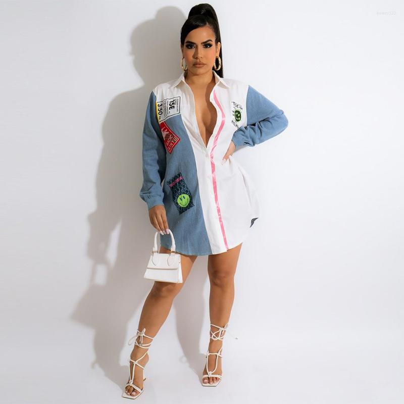 

Casual Dresses LFRVZ 2023 Patchwork Chiffon Shirt Open Stitch Office Lady Full Sleeve Women Nature Straight Free Dress, Denim color
