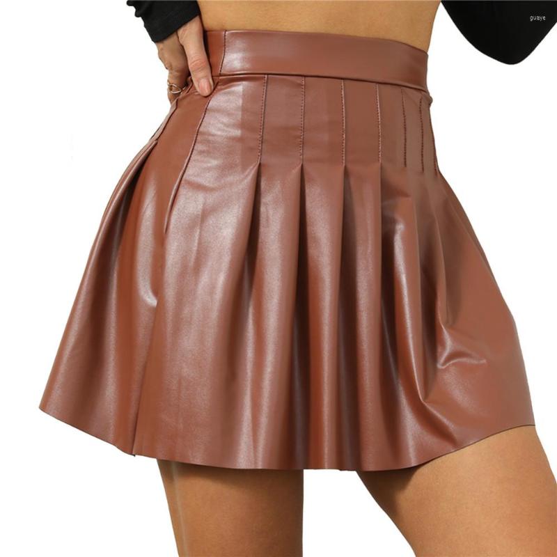 

Skirts Women Sexy High Waist Miniskirts PU Leather Clubwear Party Dance Pleated Short Mini Skirt PVC Wetlook Latex A-line Flared, Beige