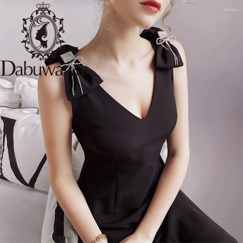 

Casual Dresses Dabuwawa Exclusive Vintage Black Party Dress Women Sexy V-Neck Bow Shoulder Sleeveless Summer A-Line Ladies DO1BDR021