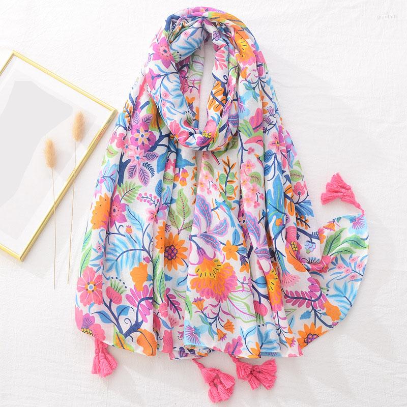 

Scarves Cotton Women's Scarf Plants Floral Tassel Shawl Ladies High Quality Wrap Headscarf Soft Muslim Hijabs For Women Bandana