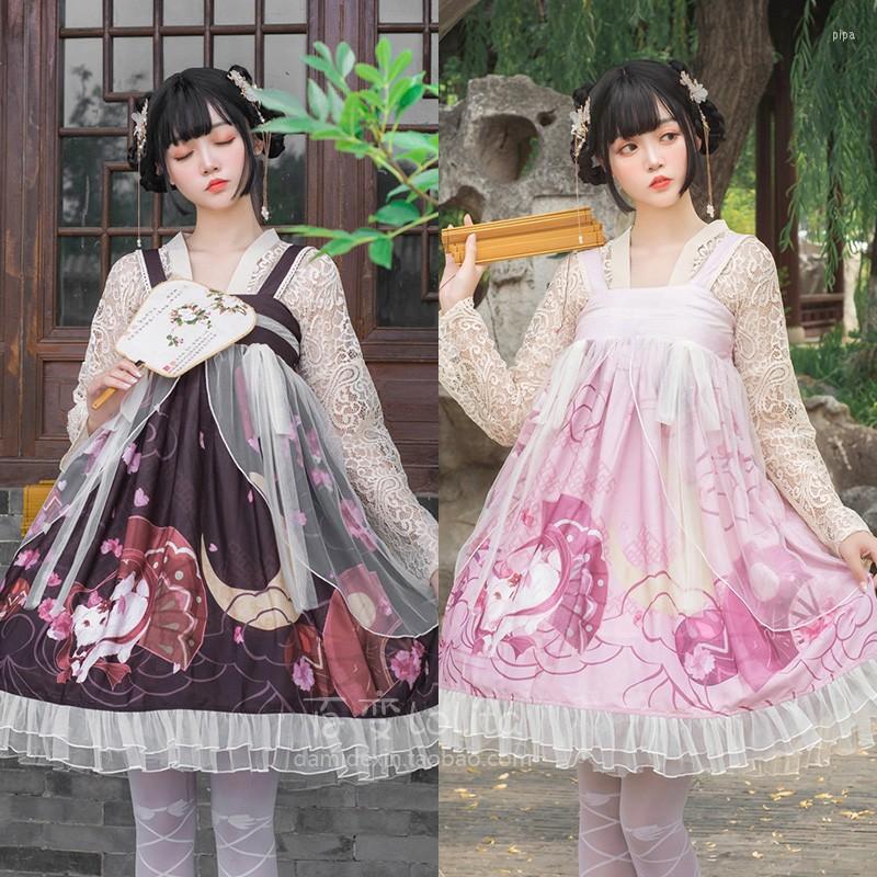 

Casual Dresses Chinese Style Han Sweet Lolita Dress Vintage Cute Printing High Waist Victorian Lace Top Kawaii Girl Set