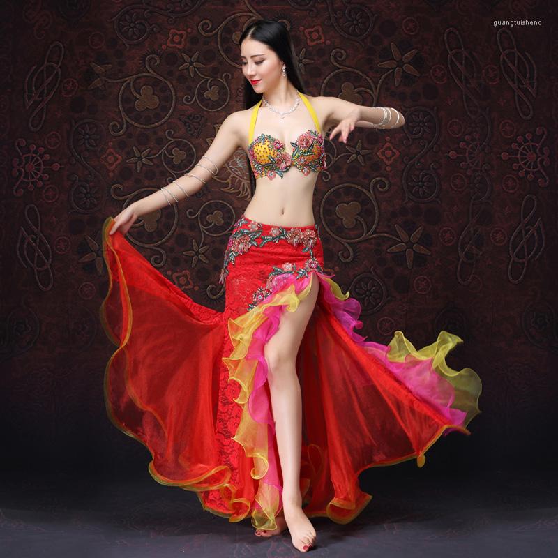 

Stage Wear Performance Women Dancewear Belly Dancing Clothes Oriental Dance Outfits Bra And Skirt Beaded Costume 2pcs, Pink fuchsia