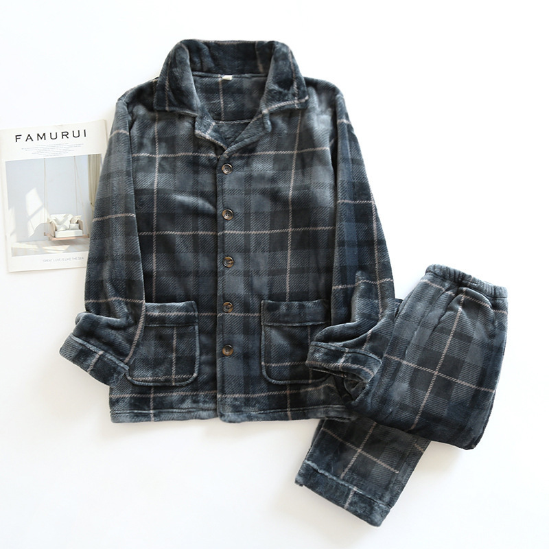 

Men's Sleepwear winter men's pajamas suit flannel long sleeved trousers two-piece coral velvet men's plaid warm and thickened home clothes 230317, Dark grey grid