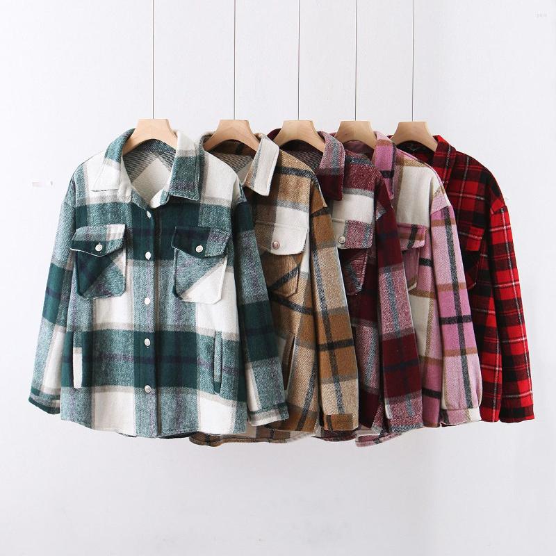 

Women' Polos Female Autumn Thick Plaid Blouse Office Loose Shirts Turn Down Collar Long Sleeve Button Women Outwear 2023 Checked Casual, Light green