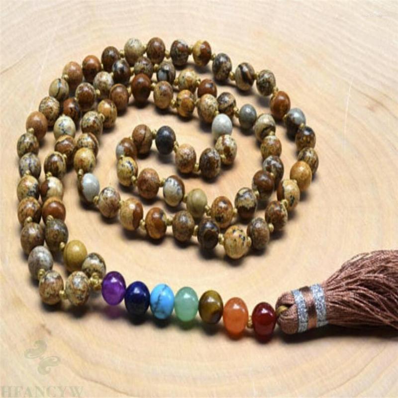 

Chains 6mm Picture Stone 7 Colors Gemstone Mala Necklace 108 Beads Natural MONK Unisex Cuff Men Chakas Tassel Bless