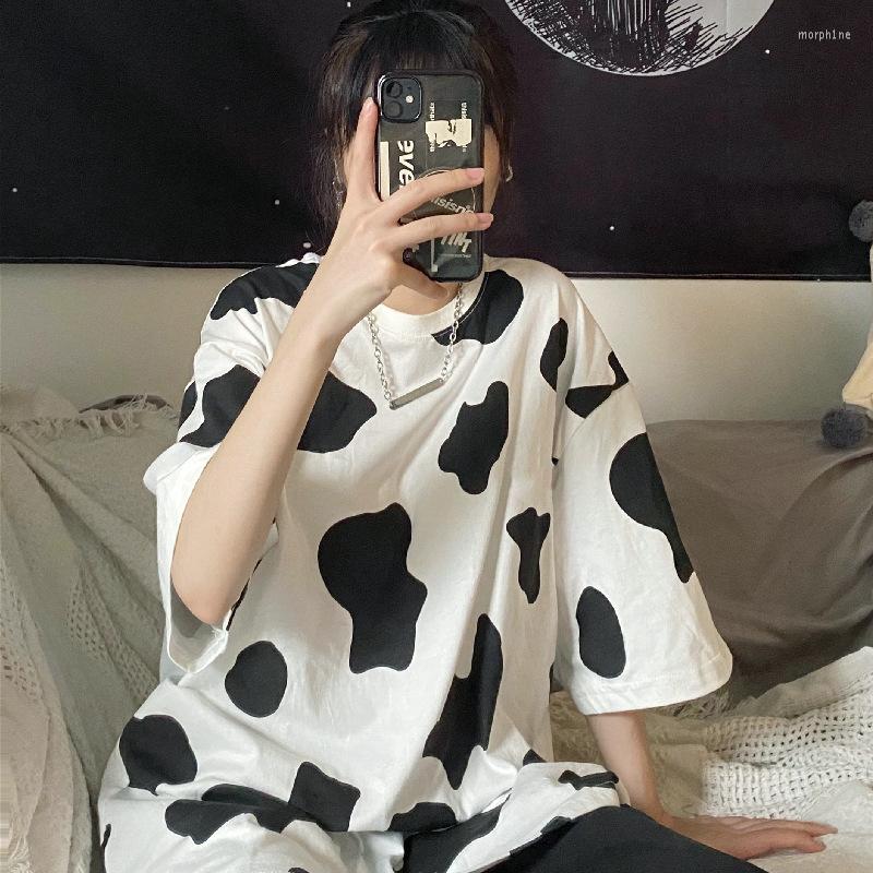 

Women's T Shirts Cow Print Loose T-shirts Women Summer Casual Streetwear Female Short Sleeve Harajuku Fashion White Khaki College Style Tops
