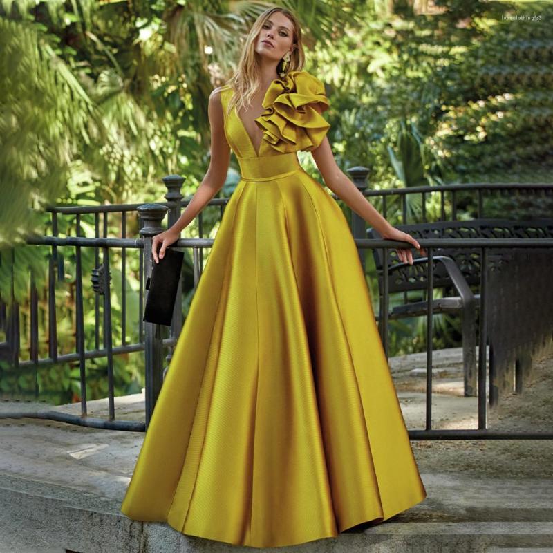 

Party Dresses Furtanseo A Line Prom Deep V Neck Satin Gowns Sleeveless Women Evening Floor Length Vestidos De Gala 2023, Yellow