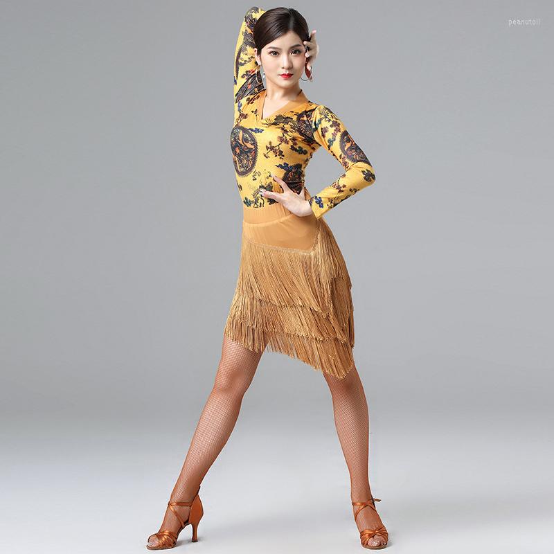 

Stage Wear Floral Printed Women Dance Clothes Ballroom Dress Samba Sexy Party Dresses Stretchy Spandex Latin Costume 2 Pieces (Top Skirt), Black white top