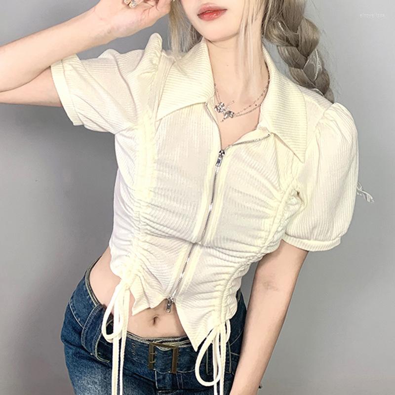 

Women' T Shirts Lapel Double Zipper Asymmetric Waist T-Shirt Women, Apricot