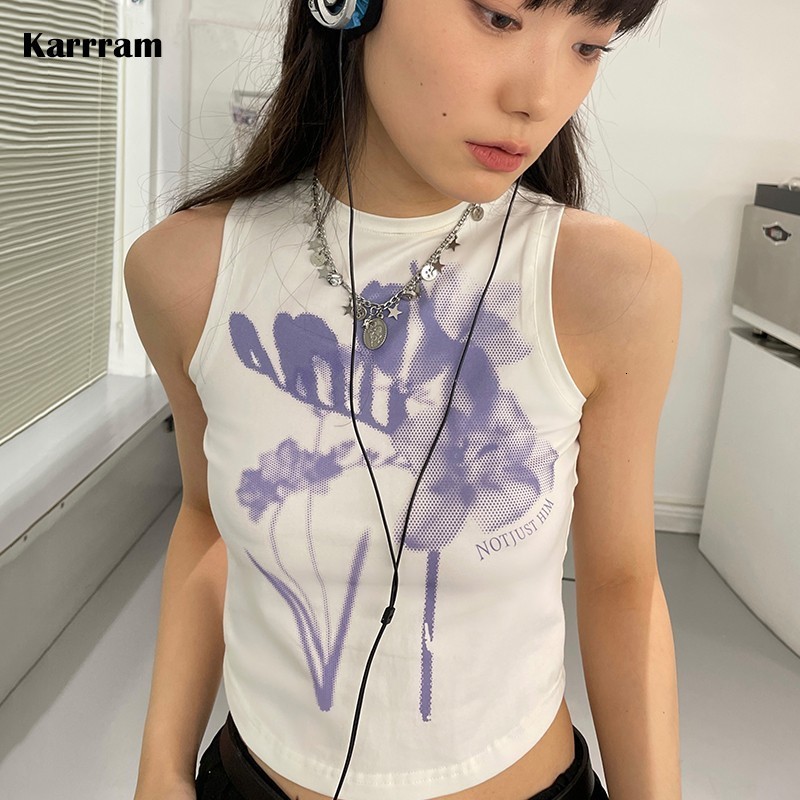 

Women's Tanks Camis Karrram Y2k Aesthetics Tank Tops 00s Grunge Fairycore Print Crop Tops Korean Fashion Kawaii Tops Harajuku E-girls Cute Tanktop 230317, Beige