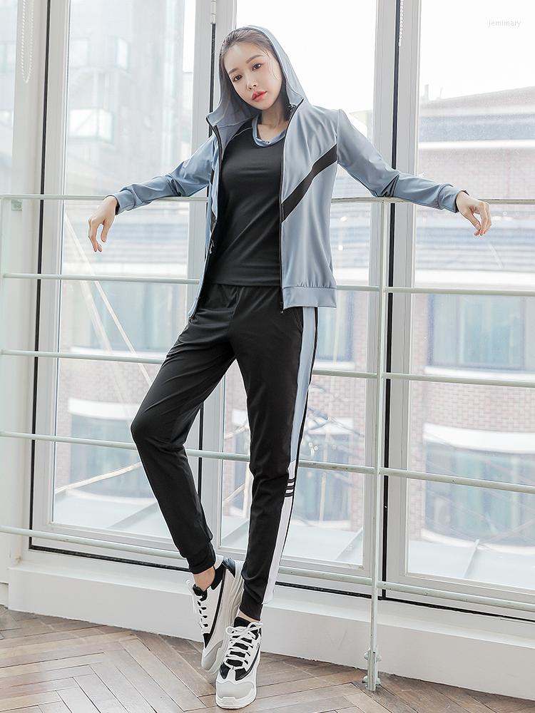

Active Sets 2023 Women Fitness Set 4 In 1 Yoga Black Bra & Pants T-Shirts Dusty Blue Jacket Sport Wear Run Outdoor Jog