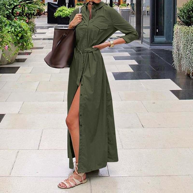 

Casual Dresses Women Maxi Shirt Celmia Stylish 2023 Autumn Lapel Long Sleeve Pockets Vestidos Sashes Bandage OL Thin Dress Robe, Black
