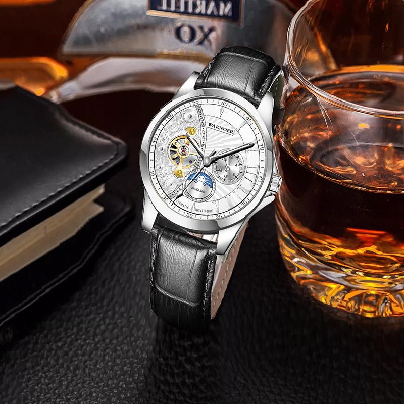 

Wristwatches Brand Fashion Men'S Watch Multi-Function True Flywheel Mechanical Luminous Leather Strap Clock, Brown-gold-white