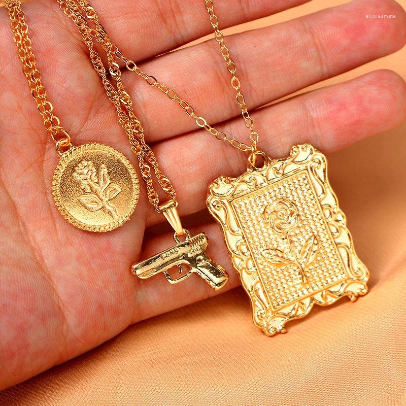 

Chains Flatfoosie Fashion Punk Carved Rose Flower Square Pendant Necklace For Women Gold Silver Color Long Chain Necklaces Jewelry Gift