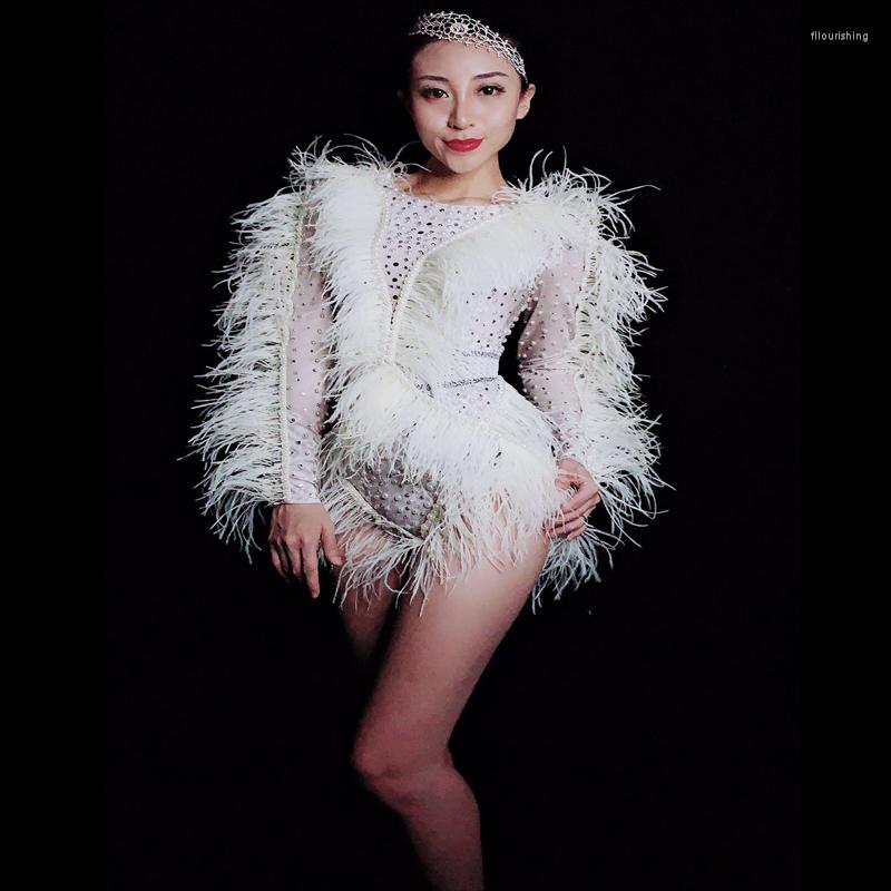 

Stage Wear Women Singer Sexy Fashion White Feathers Long Sleeve Pearl Crystals Bodysuit Party Show Performance Dance Costume, Picture shown
