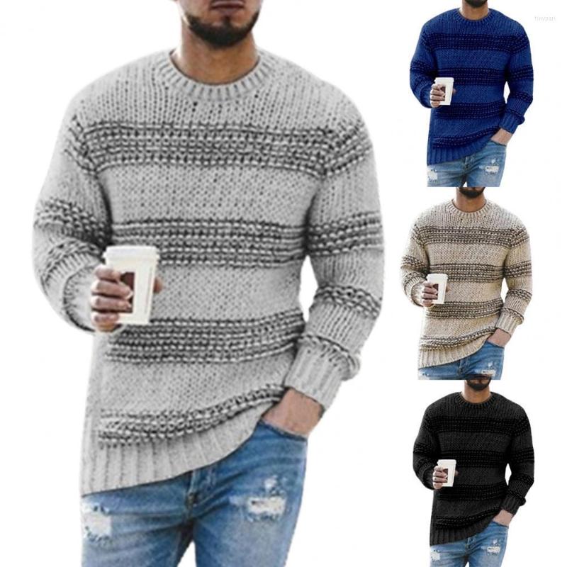 

Men's T Shirts Men Sweater Warm Knitted Pullovers Long Sleeve Striped Print Casual O Neck Stretchy Pullover Streetwear, Khaki