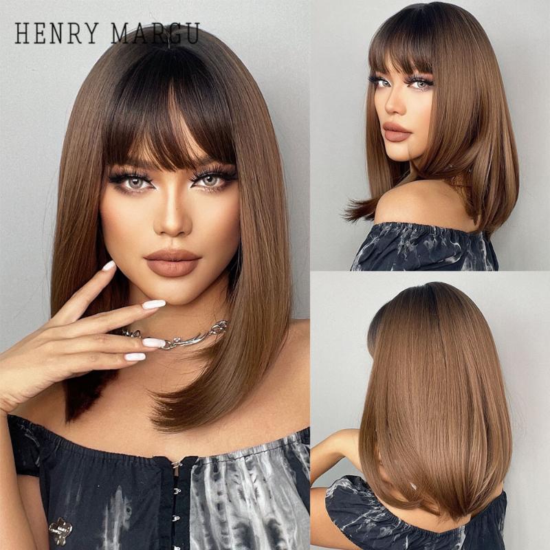 

Synthetic Wigs HENRY MARGU Short Straight Bob With Bang Dark Brown Black Natural Hair For Daily Cosplay Party Heat Resistant Wig, Wig lc250-2
