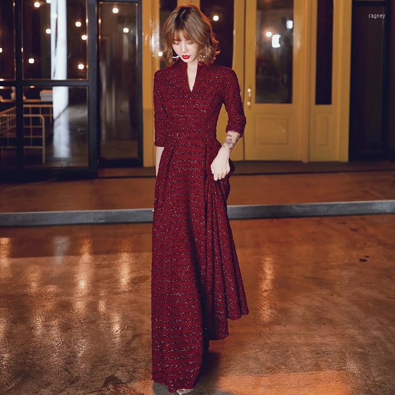 

Party Dresses Vintage Burgundy Evening V Neck 2023 Sexy Lace Women Dress Long Formal