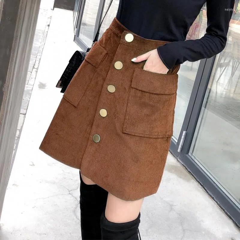 

Skirts Corduroy Women Skirt 2023 Winter Women' High Waist A-line Vintage Single-breasted Slim Wrap Hip, Black