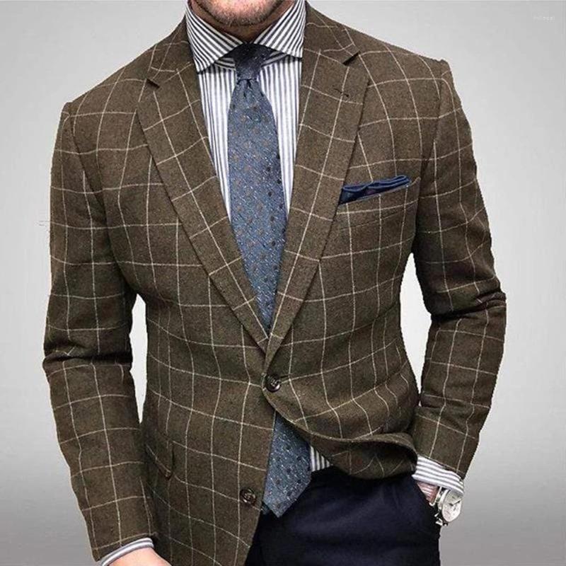

Men' Suits England Retro Pattern Print Men Casual Suit Blazer Spring Turn-down Collar Business Outwear Autumn Single Button Man Jacket Coat, Brown