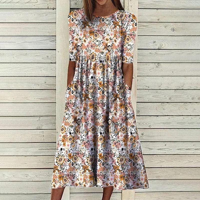 

Party Dresses Casual Round Neck Vintage Floral Printing Fashion Midi Women Office Loose Dress Half Sleeve Summer Sundress Robe, Bu summer dress