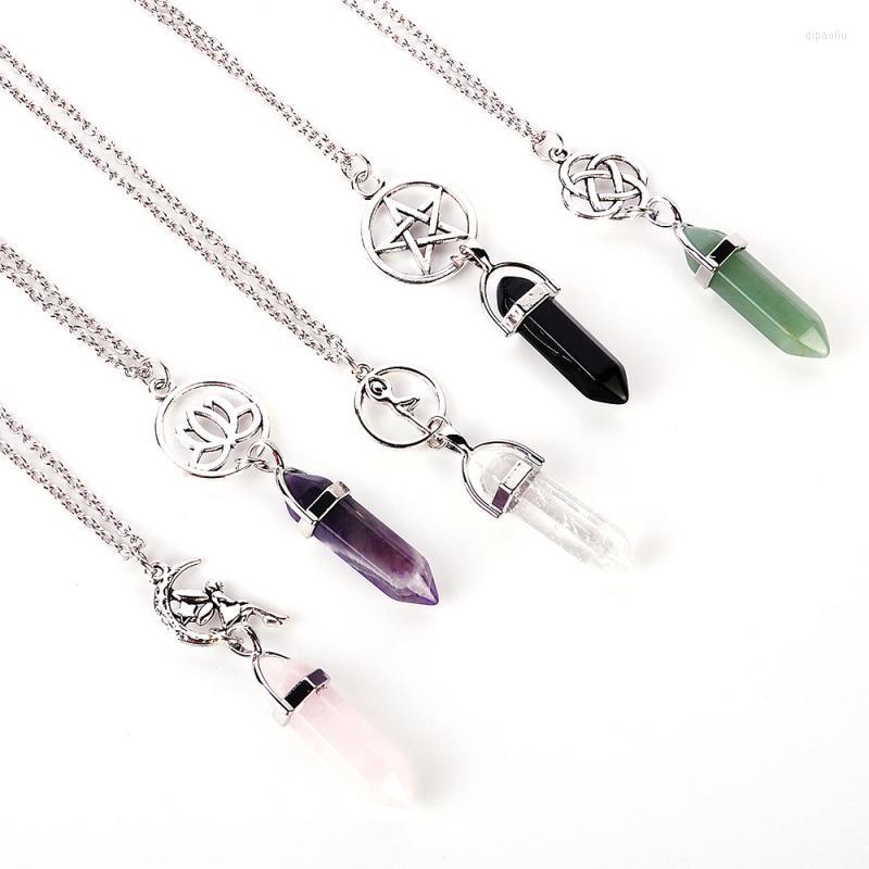 

Pendant Necklaces Silver Plated Natural Quartz Crystal Hexagonal Chakra Healing Point Pendulum Stone Necklace Jewelry Accessories