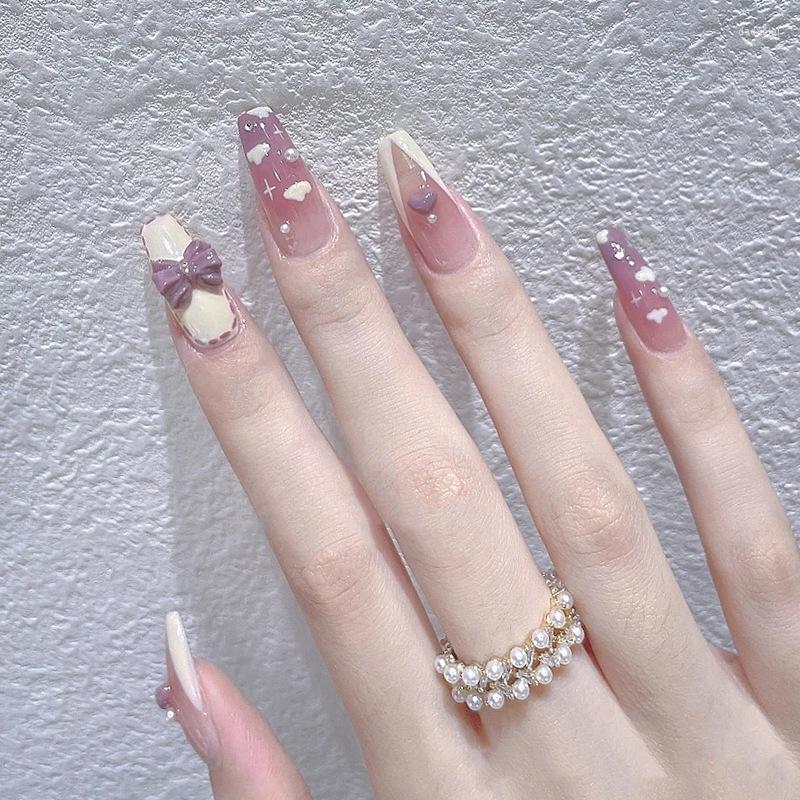 

False Nails 24pcs Wearable Pink Press On Fake Tips With Glue Design Butterfly Lovely Girl Wearing Tools, White