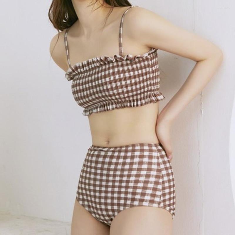 

Women's Swimwear 2023 Women's Two Pieces Smocked SwimSuit Plaid Off-shoulder Top&high Waist Bottom Push Up Beachwear Bathing Suit, Khaki